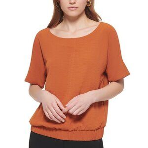 Calvin Klein Top Size S Burnt Orange Short Sleeve Blouse Gathered Hem V Back